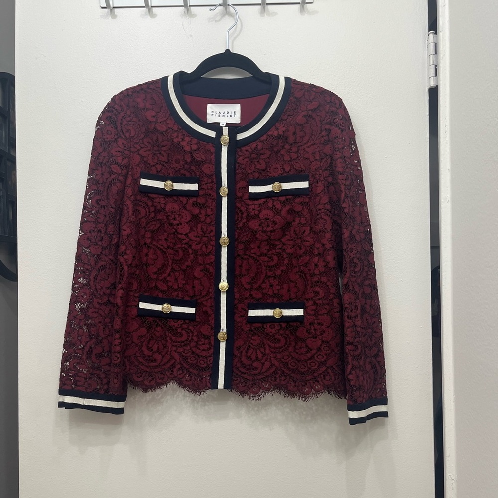 Claudie Pierlot Burgundy Lace Jacket with Gold Accents Sz 38 / US 6